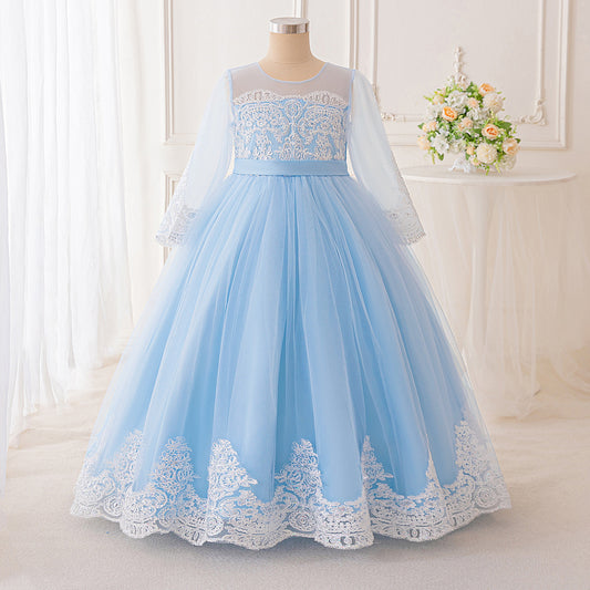 Light Blue Lace Princess Flower Girl Maxi Dress | Girls’ Long Sleeve Tulle Gown