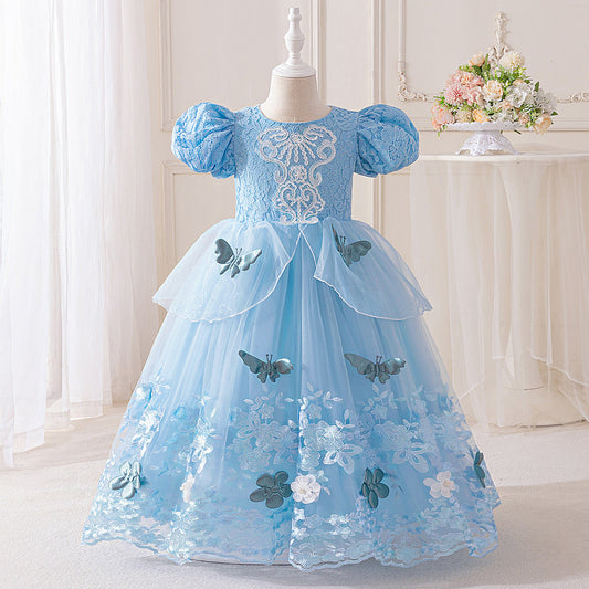 Light Blue Maxi Lace Princess Dress for Girls | A-line Flower Girl & Party Gown