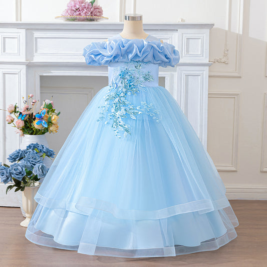 Light Blue Off-Shoulder Tulle Princess Dress for Girls | A-Line Maxi Gown Ages 4-13