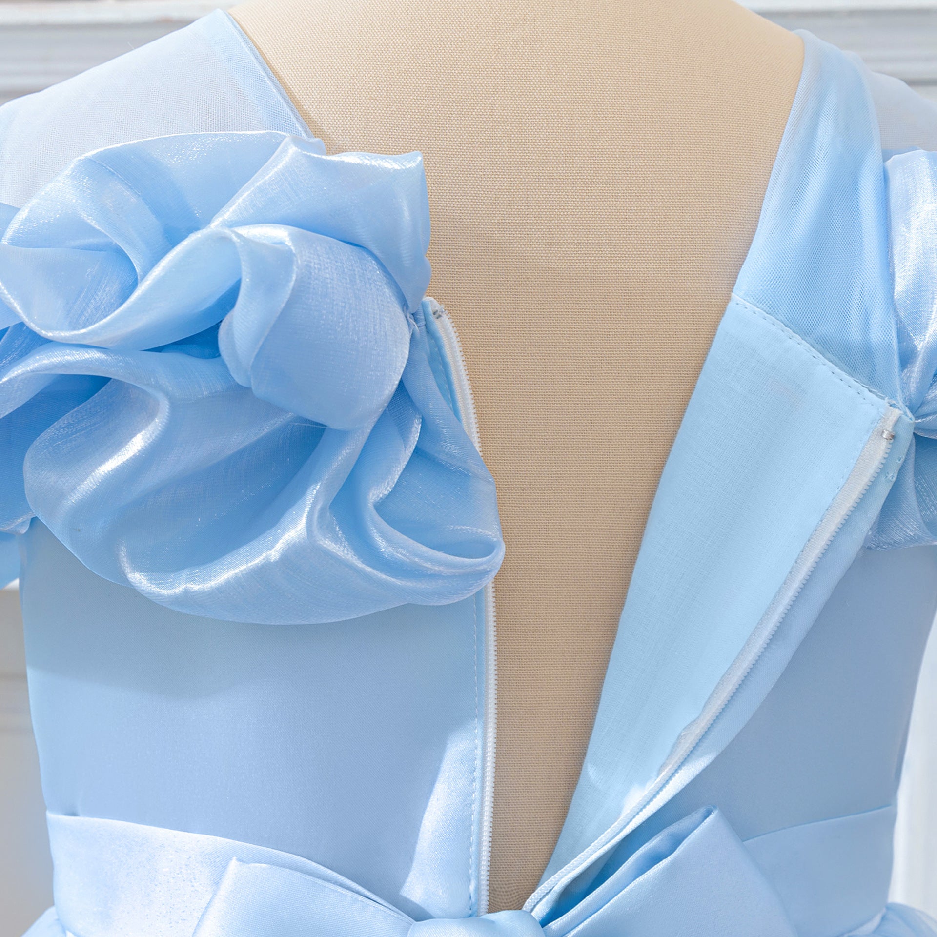 Light Blue Off-Shoulder Tulle Princess Dress for Girls | A-Line Maxi Gown Ages 4-13