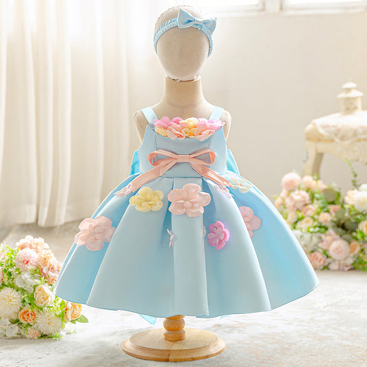 Light Blue Puffy Satin Baby Dress with Bowknot & 3D Flowers | Off-Shoulder Princess Gown for Girls