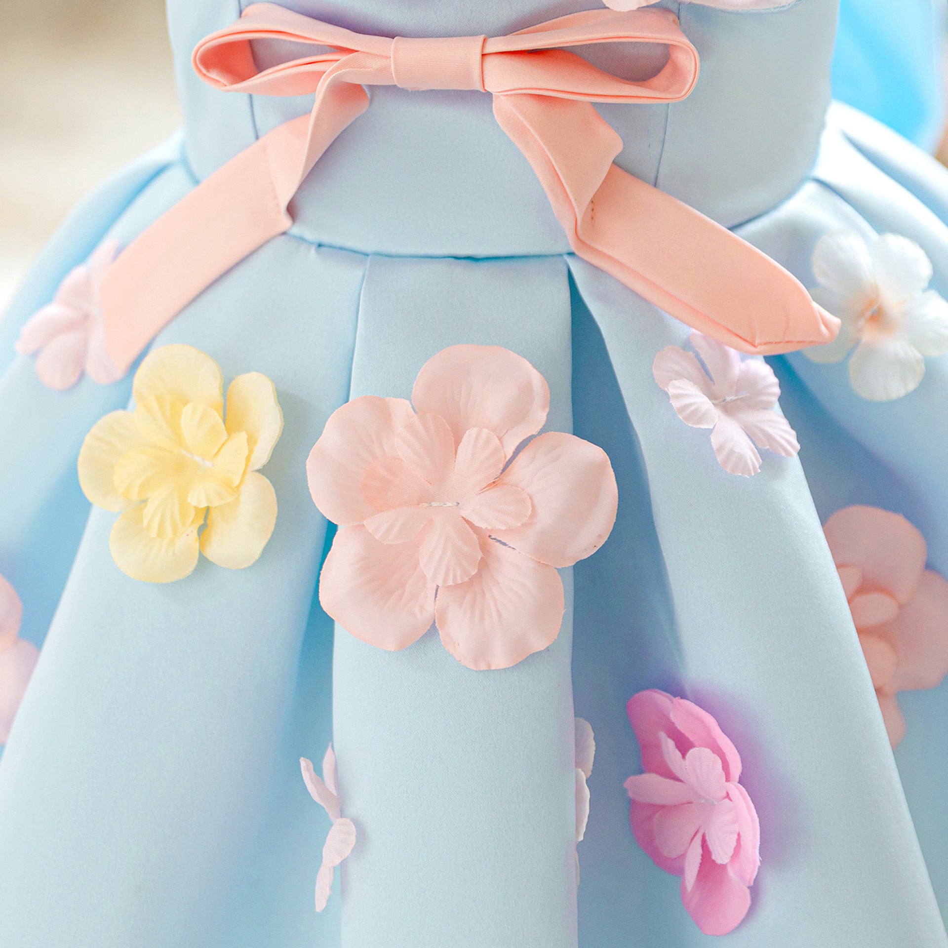 Light Blue Puffy Satin Baby Dress with Bowknot & 3D Flowers | Off-Shoulder Princess Gown for Girls