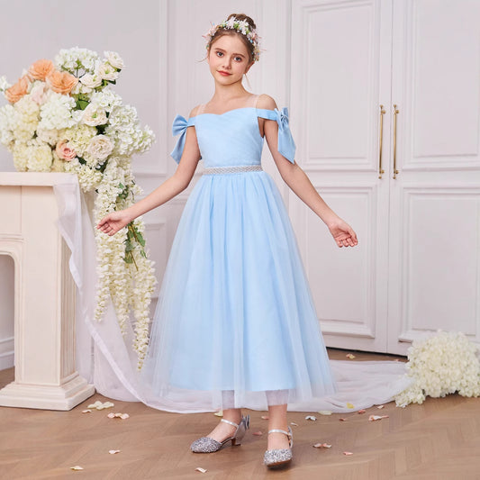 Light Blue Off Shoulder Tulle Maxi Dress for Girls | Princess Party Dress