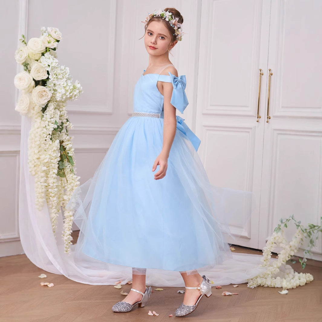 Light Blue Off Shoulder Tulle Maxi Dress for Girls | Princess Party Dress