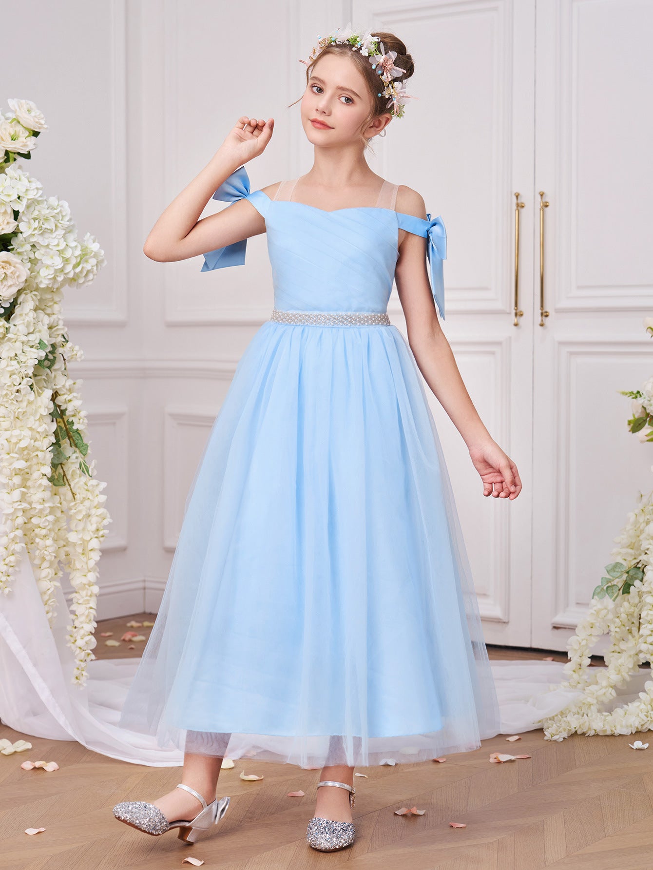 Light Blue Off Shoulder Tulle Maxi Dress for Girls | Princess Party Dress