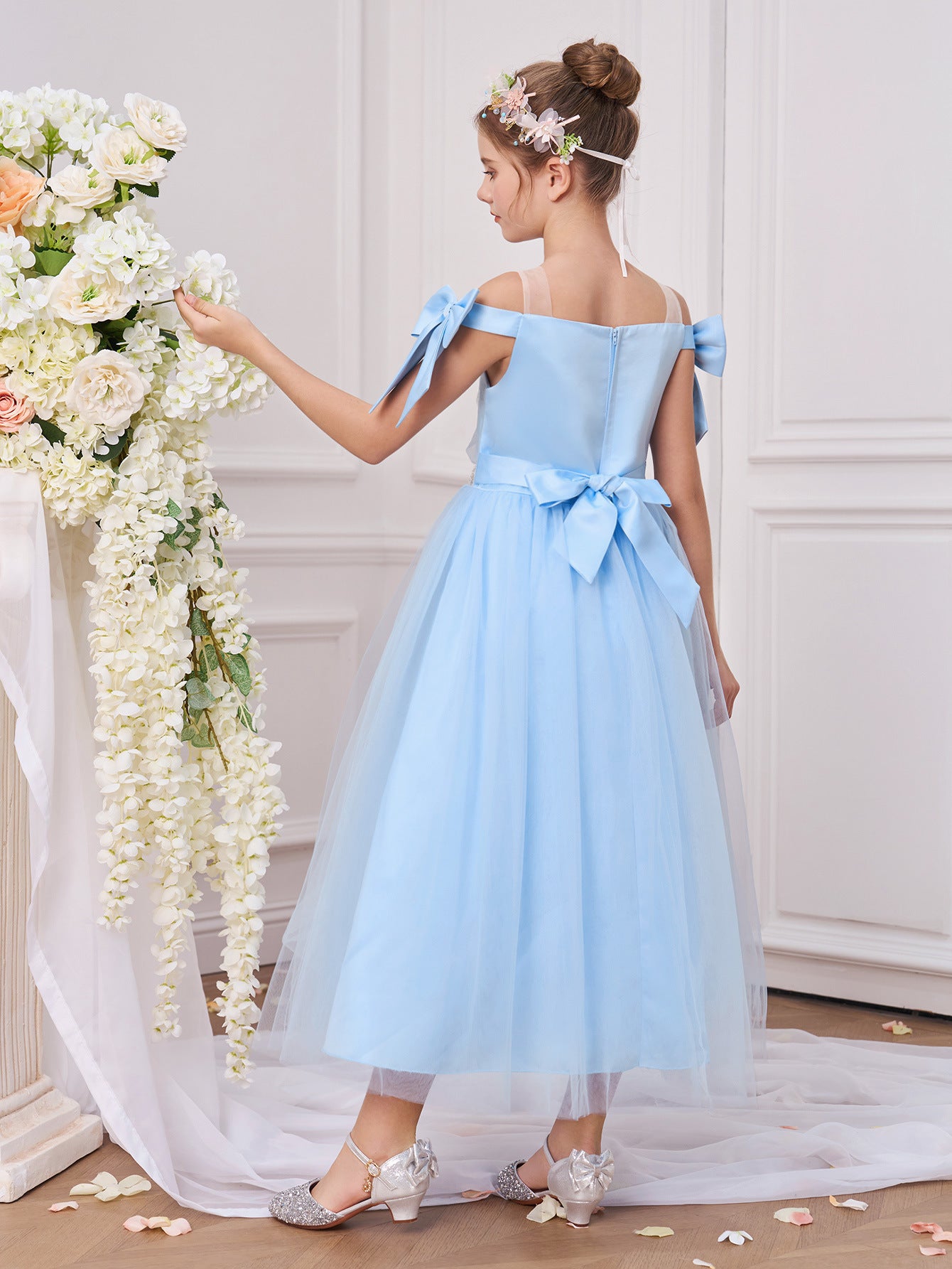 Light Blue Off Shoulder Tulle Maxi Dress for Girls | Princess Party Dress