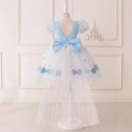 Light Blue Puff Sleeve Tulle Flower Girl Dress with Lace and Bow