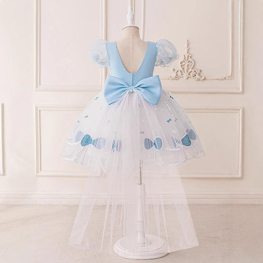 Light Blue Puff Sleeve Tulle Flower Girl Dress with Lace & Bow | Party & Wedding