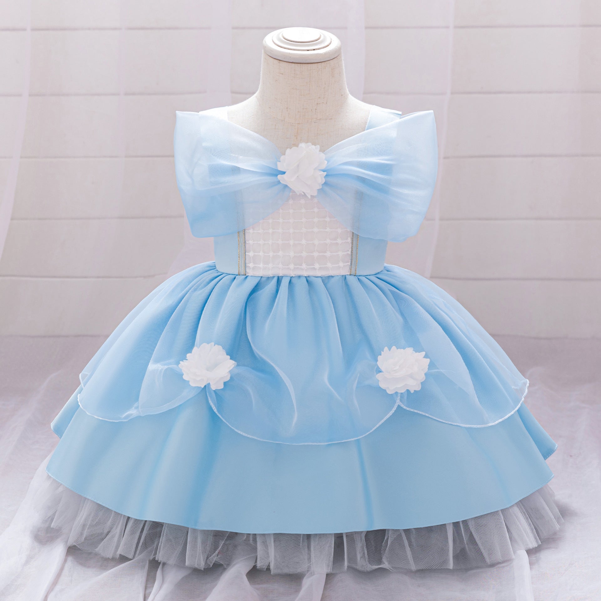 Light Blue Puffy Flower Girl Dress for Parties & Celebrations | Princess Tea-Length Gown
