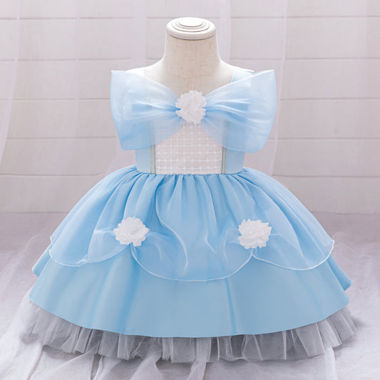 Light Blue Puffy Flower Girl Dress for Parties & Celebrations | Princess Tea-Length Gown