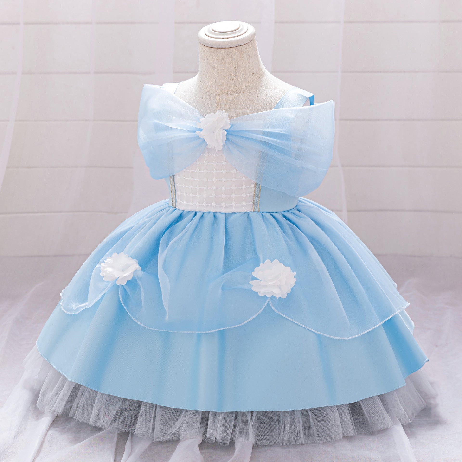 Light Blue Puffy Flower Girl Dress for Parties & Celebrations | Princess Tea-Length Gown
