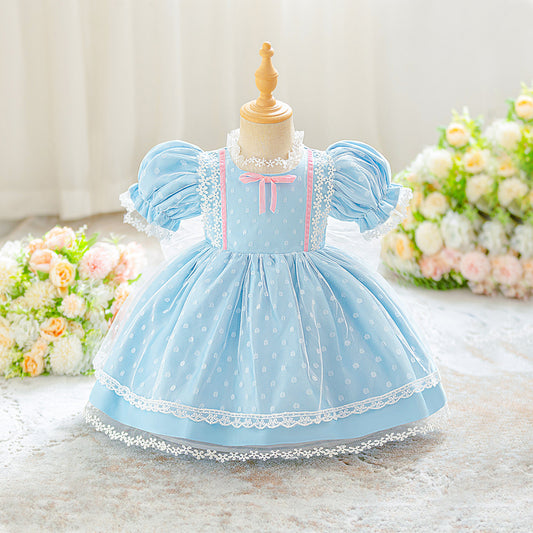 Light Blue Princess Puffy Ball Gown Dress with Lace & Bow for Girls (9M-4Y)