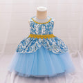 Light Blue Puffy Princess Dress with Floral Print for Little Girls