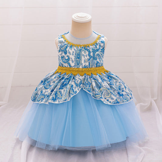 Light Blue Puffy Ball Gown Floral Dress for Girls – Tea Length Princess Party Outfit