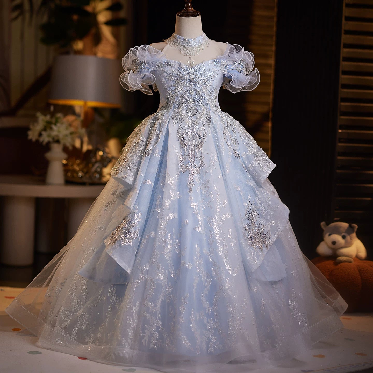 Light Blue Sequin A-line Maxi Dress for Girls - Princess Birthday Party Gown