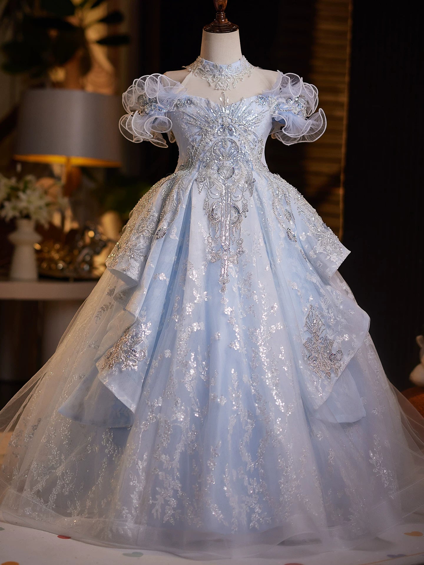 Light Blue Sequin A-line Maxi Dress for Girls - Princess Birthday Party Gown