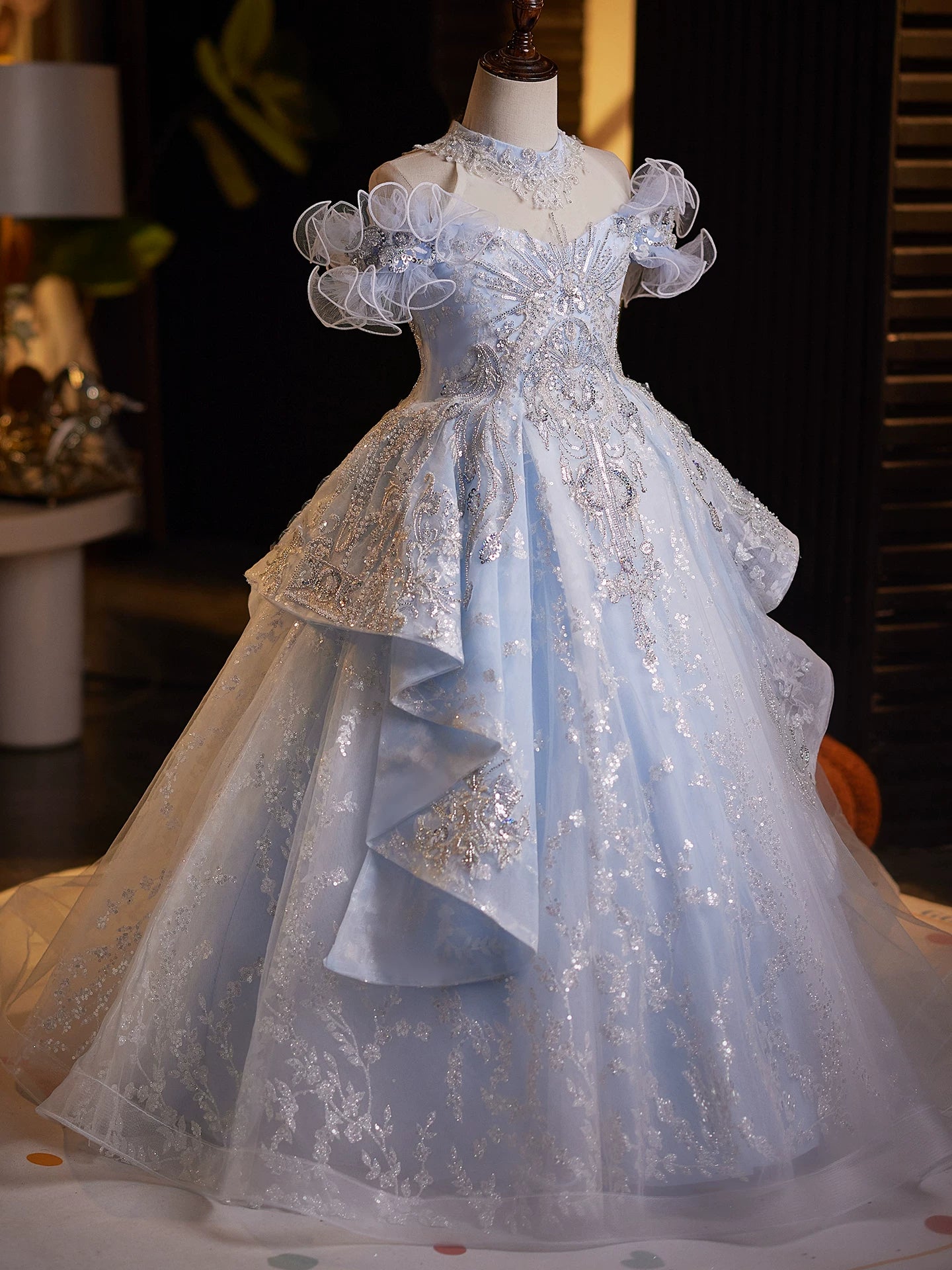 Light Blue Sequin A-line Maxi Dress for Girls - Princess Birthday Party Gown