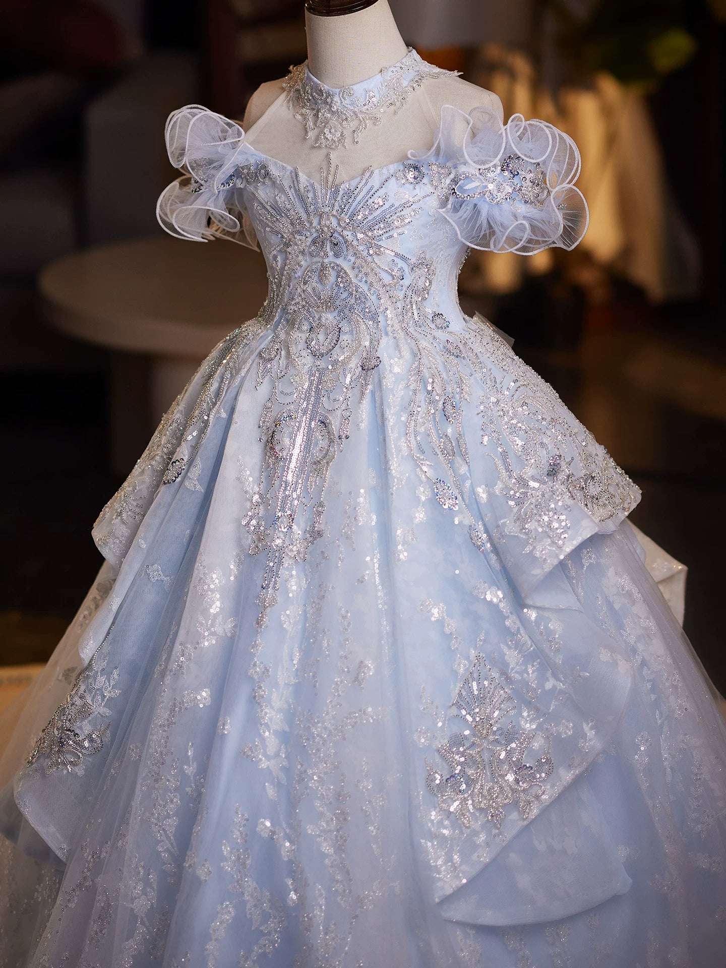 Light Blue Sequin A-line Maxi Dress for Girls - Princess Birthday Party Gown