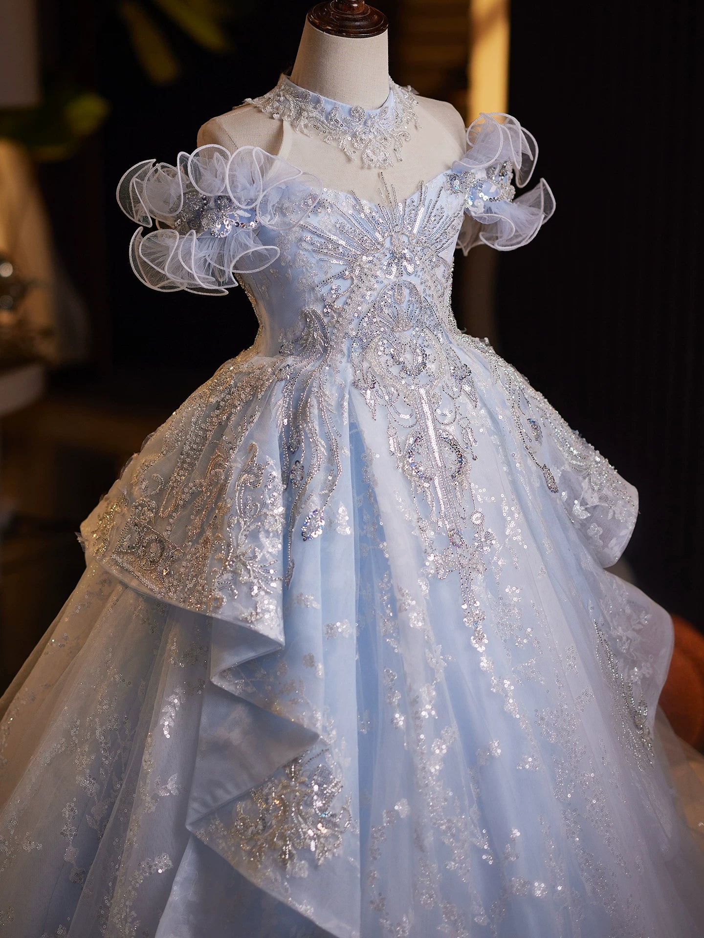 Light Blue Sequin A-line Maxi Dress for Girls - Princess Birthday Party Gown