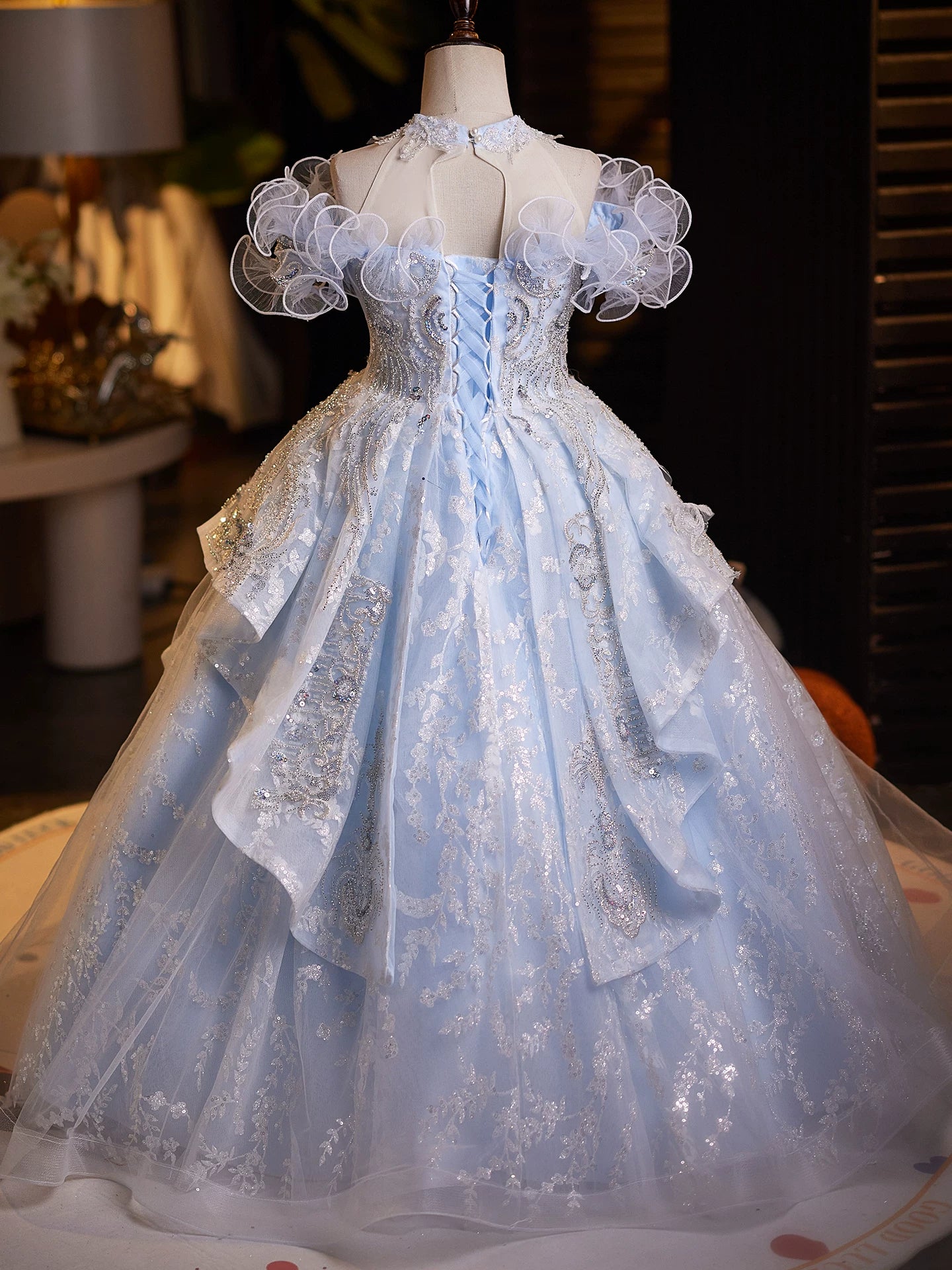 Light Blue Sequin A-line Maxi Dress for Girls - Princess Birthday Party Gown