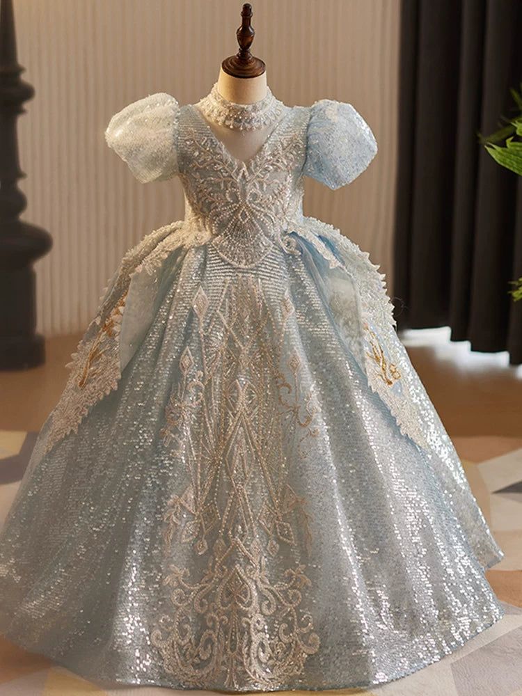 Light Blue Sequin Maxi Dress for Girls – Princess A-Line Party Gown