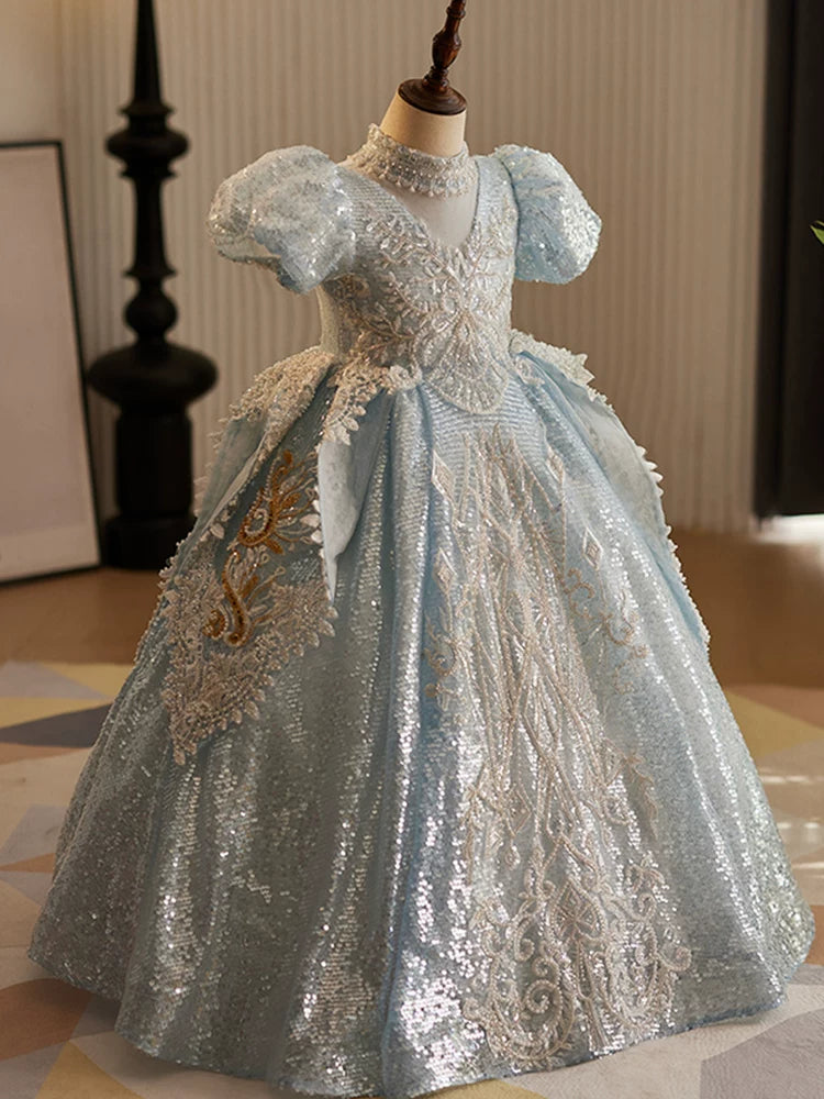 Light Blue Sequin Maxi Dress for Girls – Princess A-Line Party Gown
