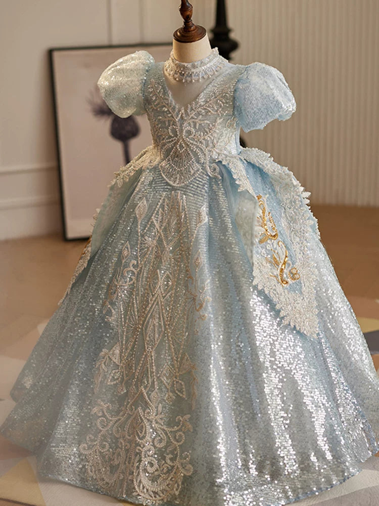 Light Blue Sequin Maxi Dress for Girls – Princess A-Line Party Gown