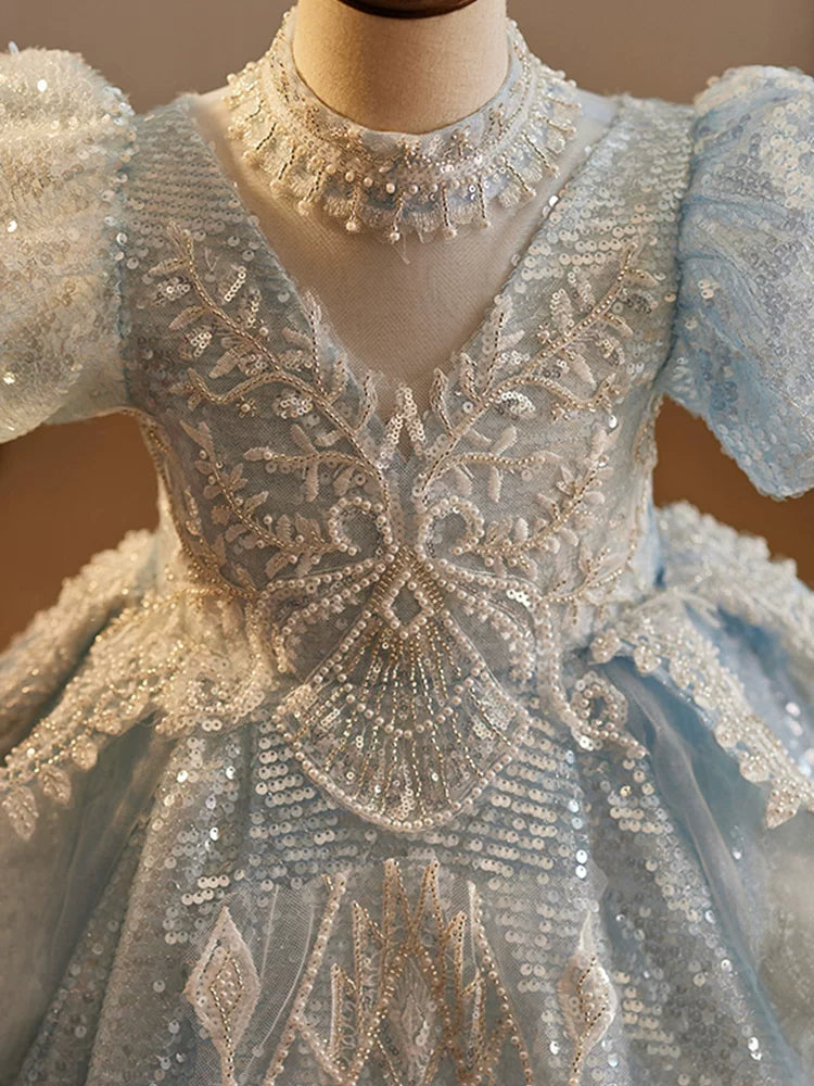 Light Blue Sequin Maxi Dress for Girls – Princess A-Line Party Gown