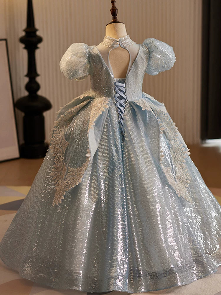 Light Blue Sequin Maxi Dress for Girls – Princess A-Line Party Gown