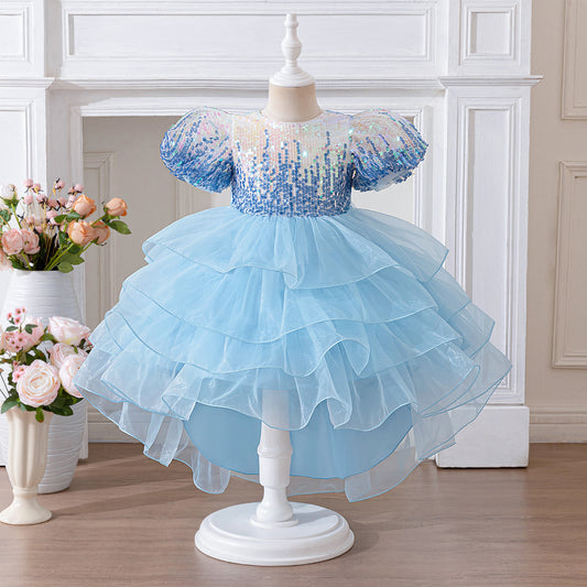 Light Blue Princess Puffy Ball Gown for Girls – Sequin Tiered High-Low Dress