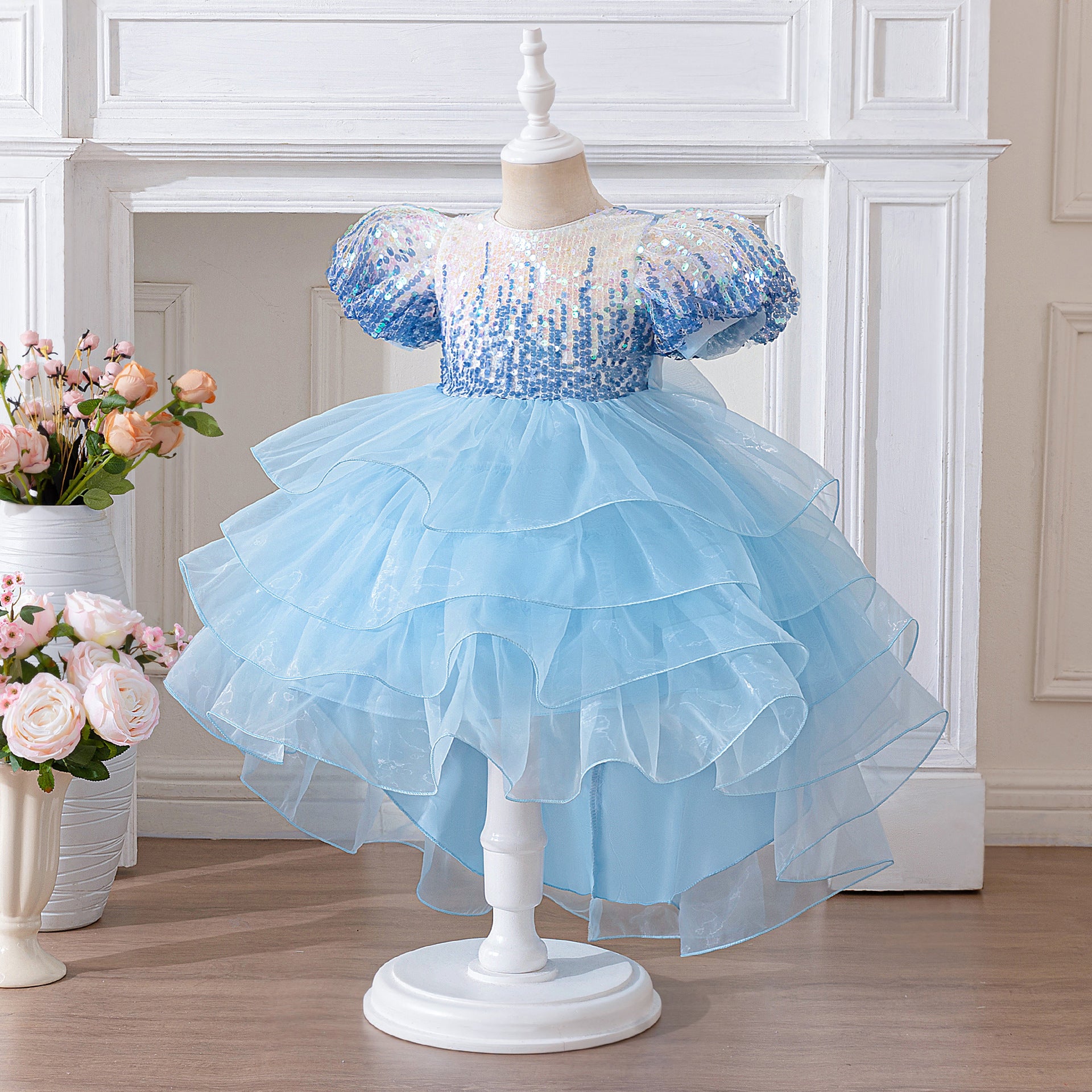 Light Blue Princess Puffy Ball Gown for Girls – Sequin Tiered High-Low Dress