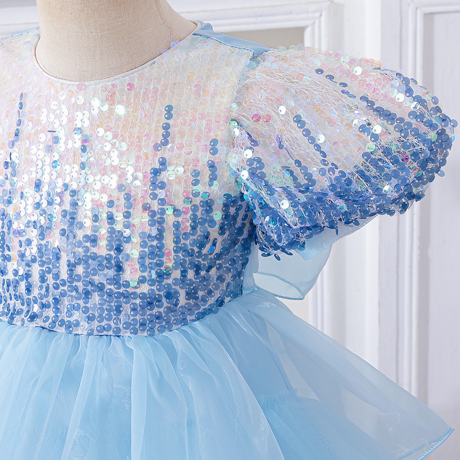 Light Blue Princess Puffy Ball Gown for Girls – Sequin Tiered High-Low Dress