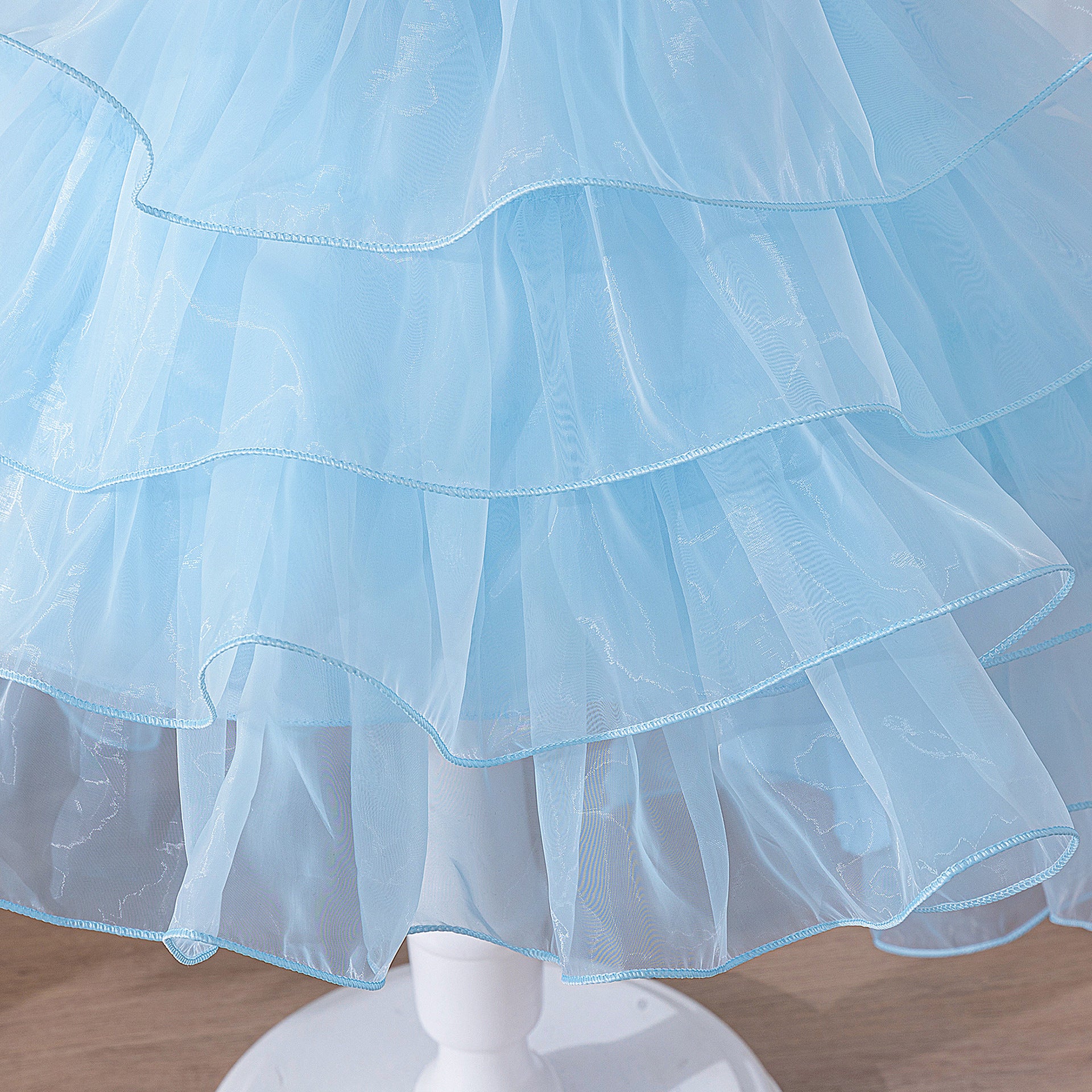 Light Blue Princess Puffy Ball Gown for Girls – Sequin Tiered High-Low Dress