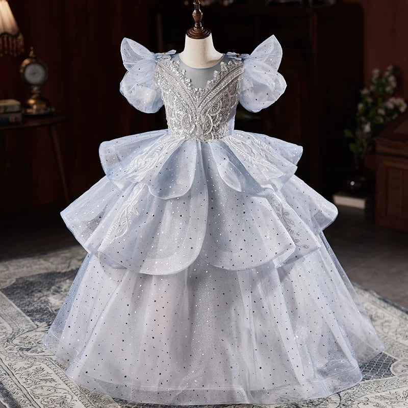 Light Blue Sequin Tiered Maxi Dress for Girls | Cute Kids Party & Flower Girl Gown