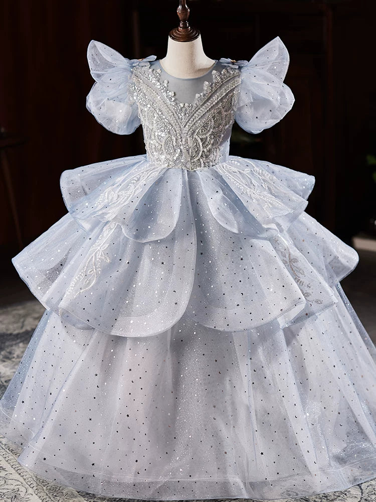 Light Blue Sequin Tiered Maxi Dress for Girls | Cute Kids Party & Flower Girl Gown