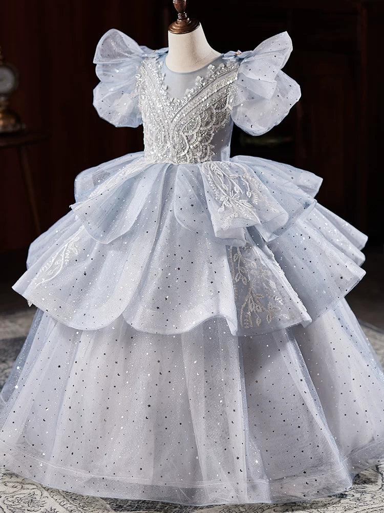 Light Blue Sequin Tiered Maxi Dress for Girls | Cute Kids Party & Flower Girl Gown