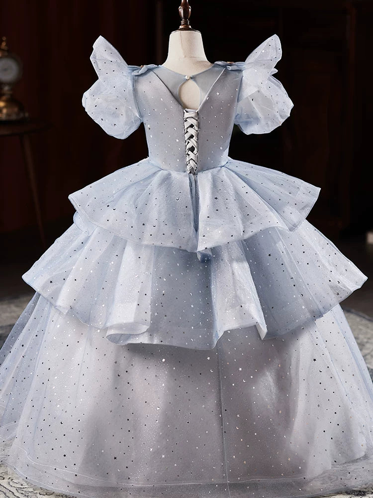 Light Blue Sequin Tiered Maxi Dress for Girls | Cute Kids Party & Flower Girl Gown