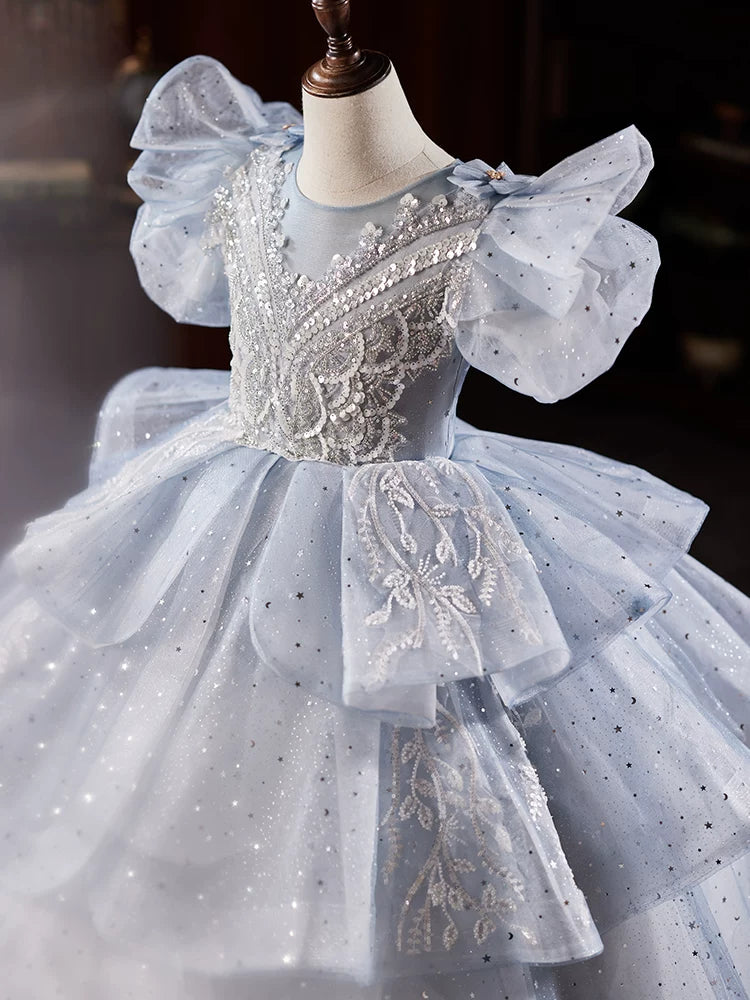 Light Blue Sequin Tiered Maxi Dress for Girls | Cute Kids Party & Flower Girl Gown