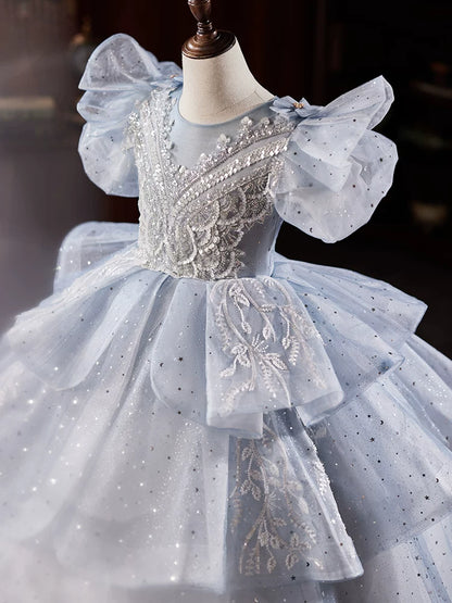 Light Blue Sequin Tiered Maxi Dress for Girls | Cute Kids Party & Flower Girl Gown