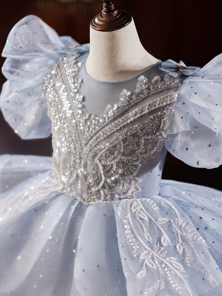 Light Blue Sequin Tiered Maxi Dress for Girls | Cute Kids Party & Flower Girl Gown