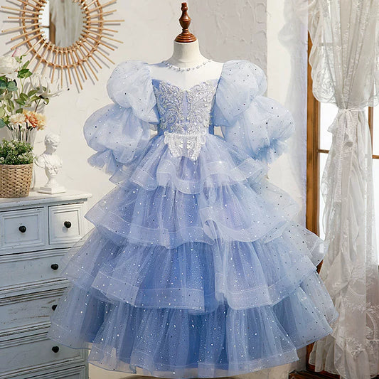 Light Blue Sequin Mesh A-line Maxi Dress for Girls | Party & Flower Girl Gown