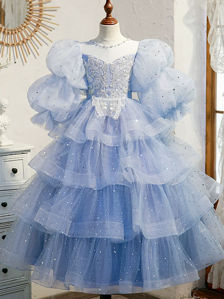 Light Blue Sequin Mesh A-line Maxi Dress for Girls | Party & Flower Girl Gown