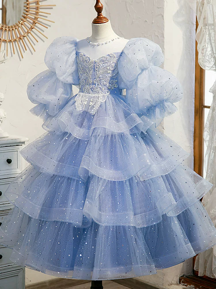 Light Blue Sequin Mesh A-line Maxi Dress for Girls | Party & Flower Girl Gown