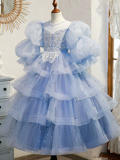 Light Blue Sequin Mesh A-line Maxi Dress for Girls | Party & Flower Girl Gown
