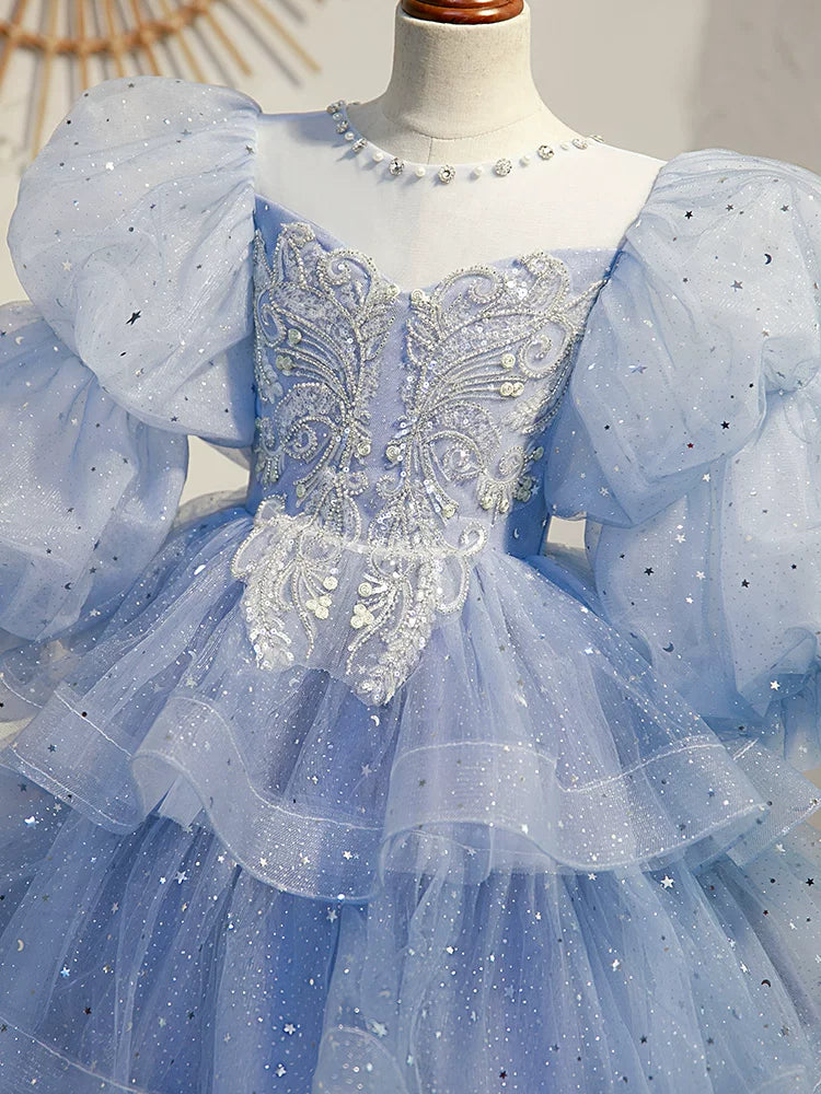 Light Blue Sequin Mesh A-line Maxi Dress for Girls | Party & Flower Girl Gown