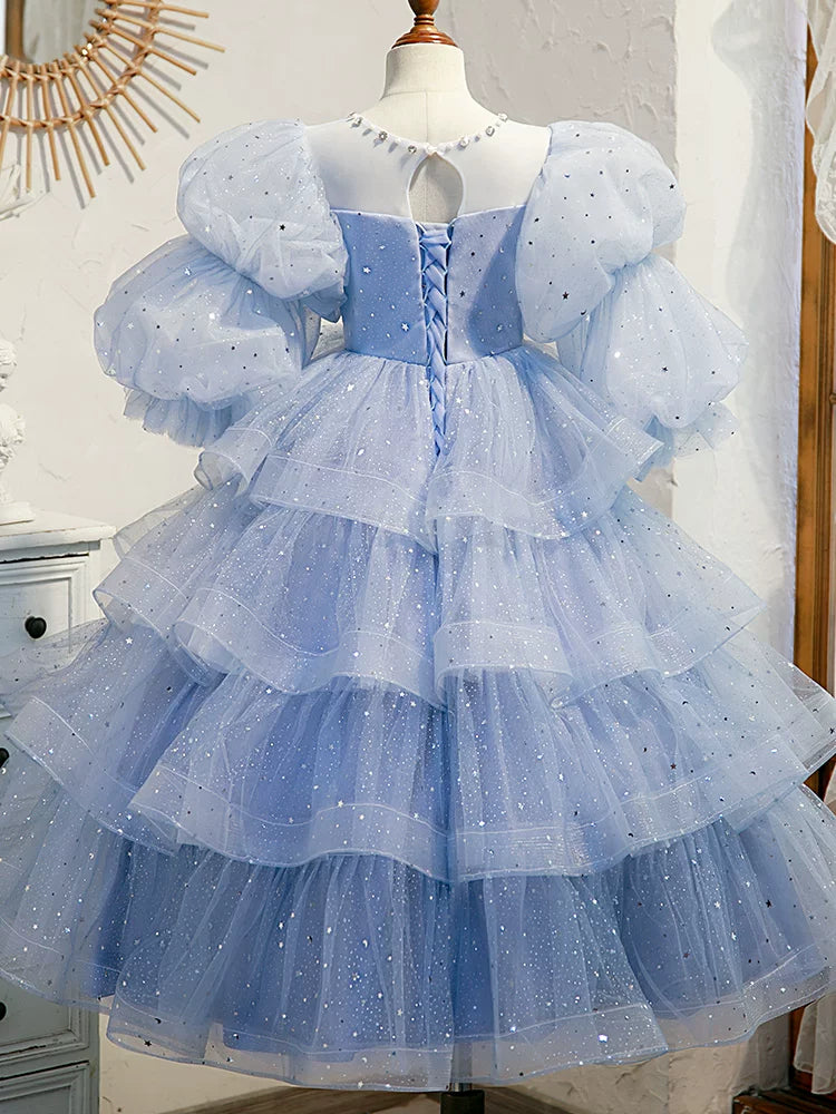 Light Blue Sequin Mesh A-line Maxi Dress for Girls | Party & Flower Girl Gown