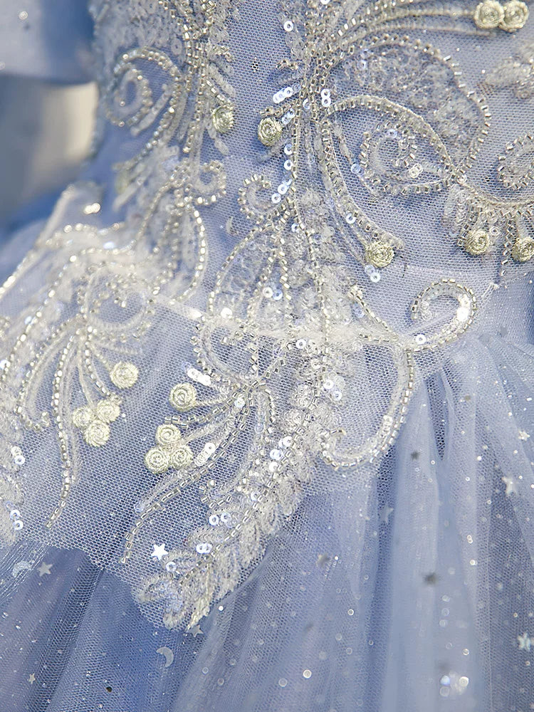 Light Blue Sequin Mesh A-line Maxi Dress for Girls | Party & Flower Girl Gown