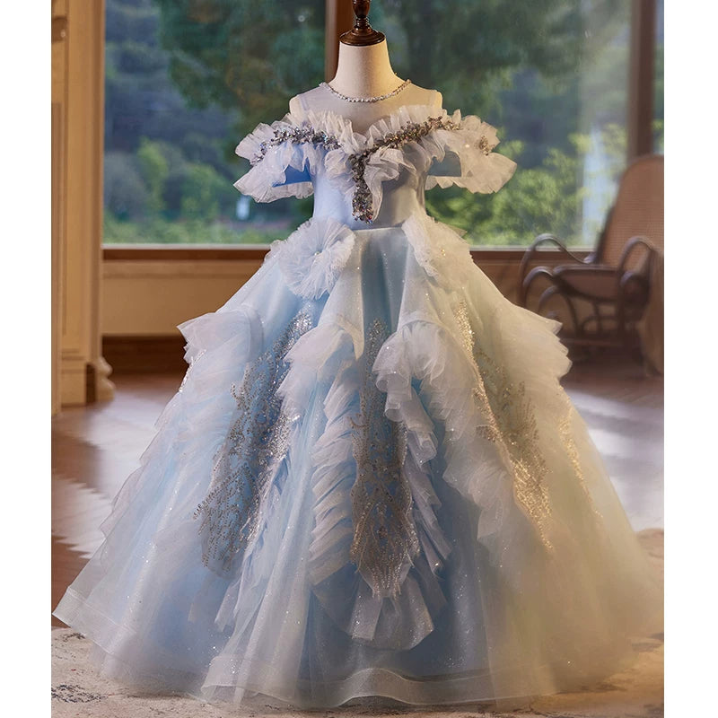 Light Blue Sequin Tulle A-line Maxi Dress for Girls – Special Occasion & Flower Girl Gown