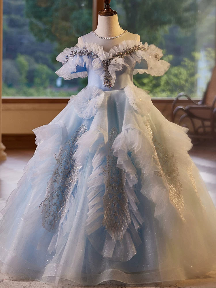Light Blue Sequin Tulle A-line Maxi Dress for Girls – Special Occasion & Flower Girl Gown