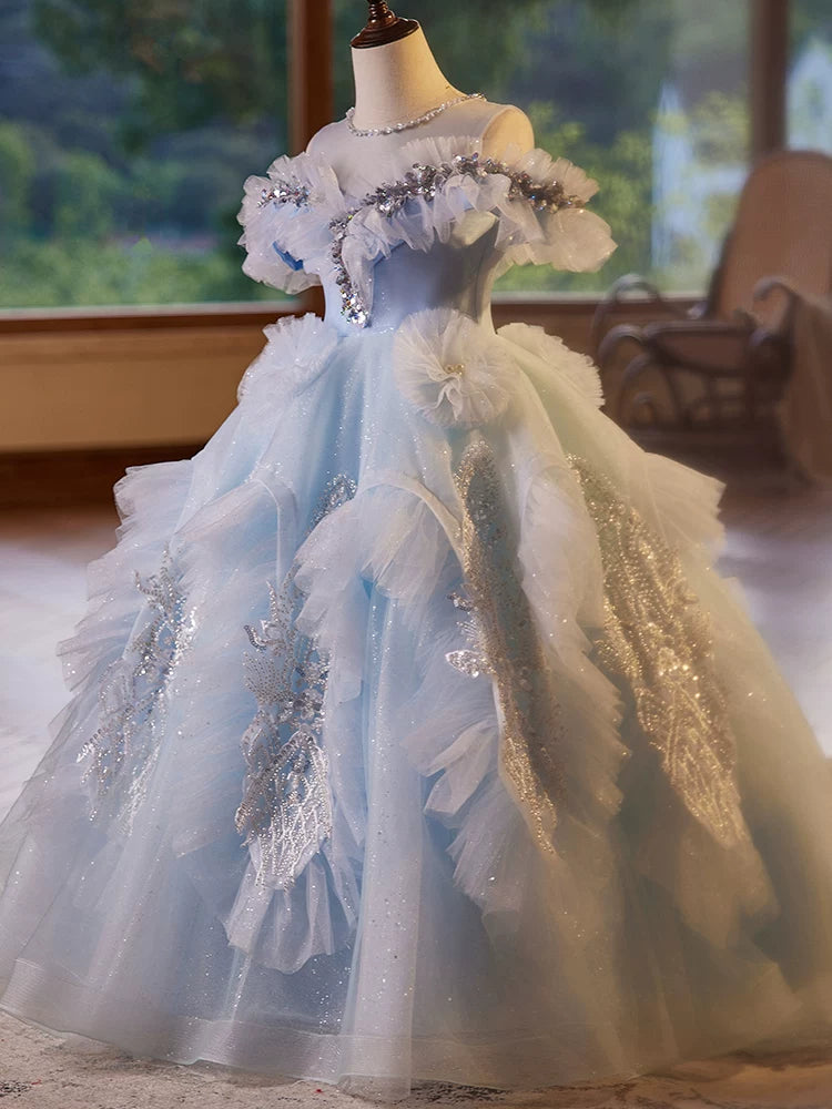 Light Blue Sequin Tulle A-line Maxi Dress for Girls – Special Occasion & Flower Girl Gown